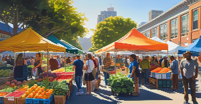 A vibrant farmers' market in San Francisco with colorful fruits and vegetables, and people interacting with farmers under warm sunlight.