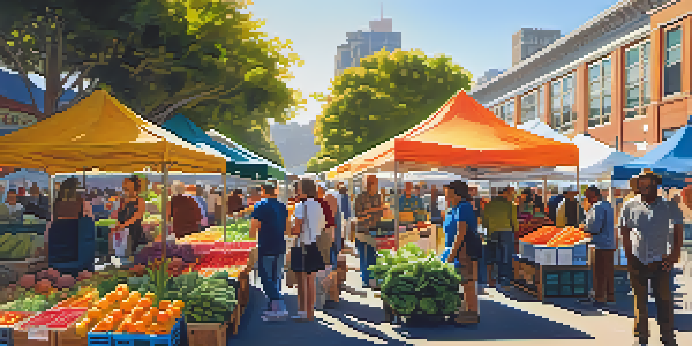 A vibrant farmers' market in San Francisco with colorful fruits and vegetables, and people interacting with farmers under warm sunlight.
