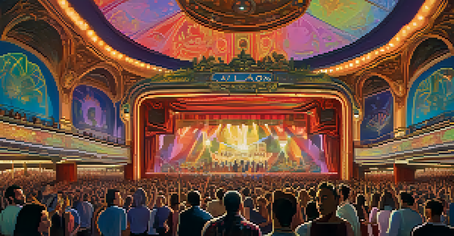 Inside the Avalon Ballroom, a vibrant crowd enjoying a live music performance with psychedelic decor and colorful lights.