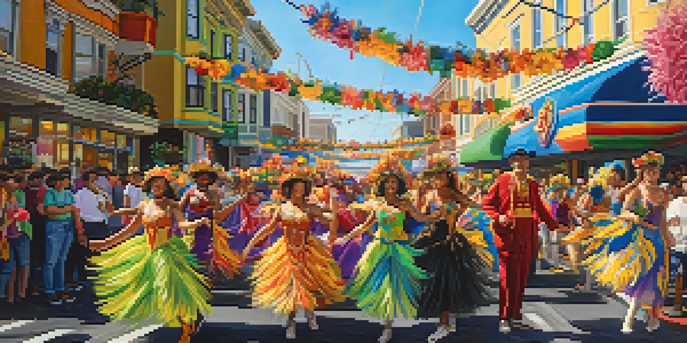 A lively Carnaval parade in San Francisco's Mission District, featuring colorful floats and dancers in elaborate costumes under a sunny sky.