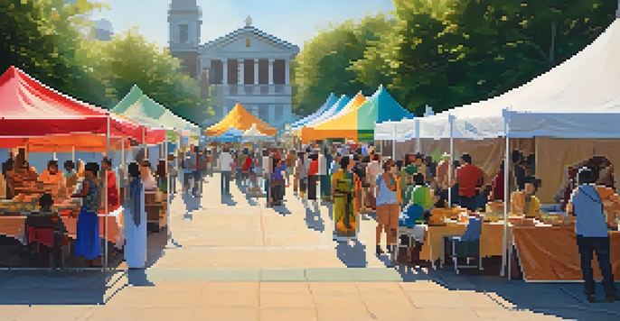 A lively outdoor cultural fair with colorful tents, diverse food stalls, and people interacting, set in front of a museum under a bright sunny sky.
