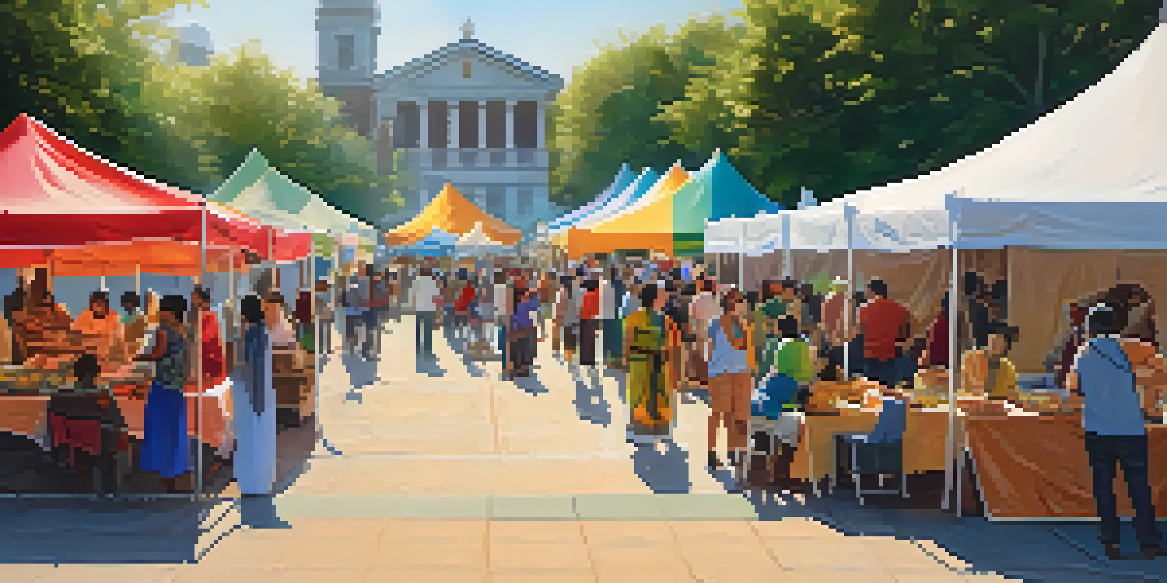 A lively outdoor cultural fair with colorful tents, diverse food stalls, and people interacting, set in front of a museum under a bright sunny sky.