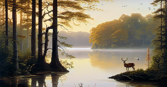 A peaceful nature reserve at sunrise, with a misty forest, a calm lake, and wildlife like deer and birds.