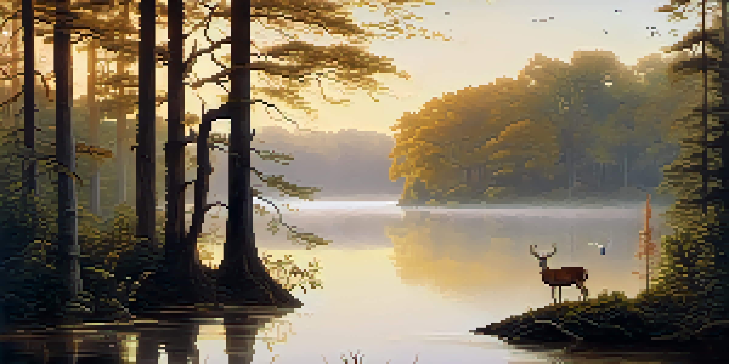 A peaceful nature reserve at sunrise, with a misty forest, a calm lake, and wildlife like deer and birds.