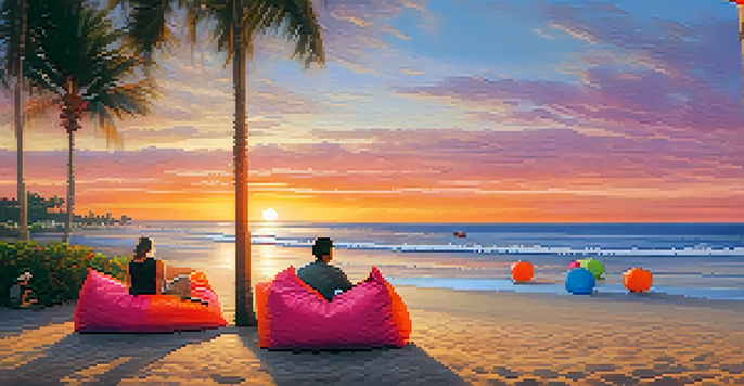 A beautiful sunset at Seminyak Beach with colorful beanbags and a couple dining by the beach.