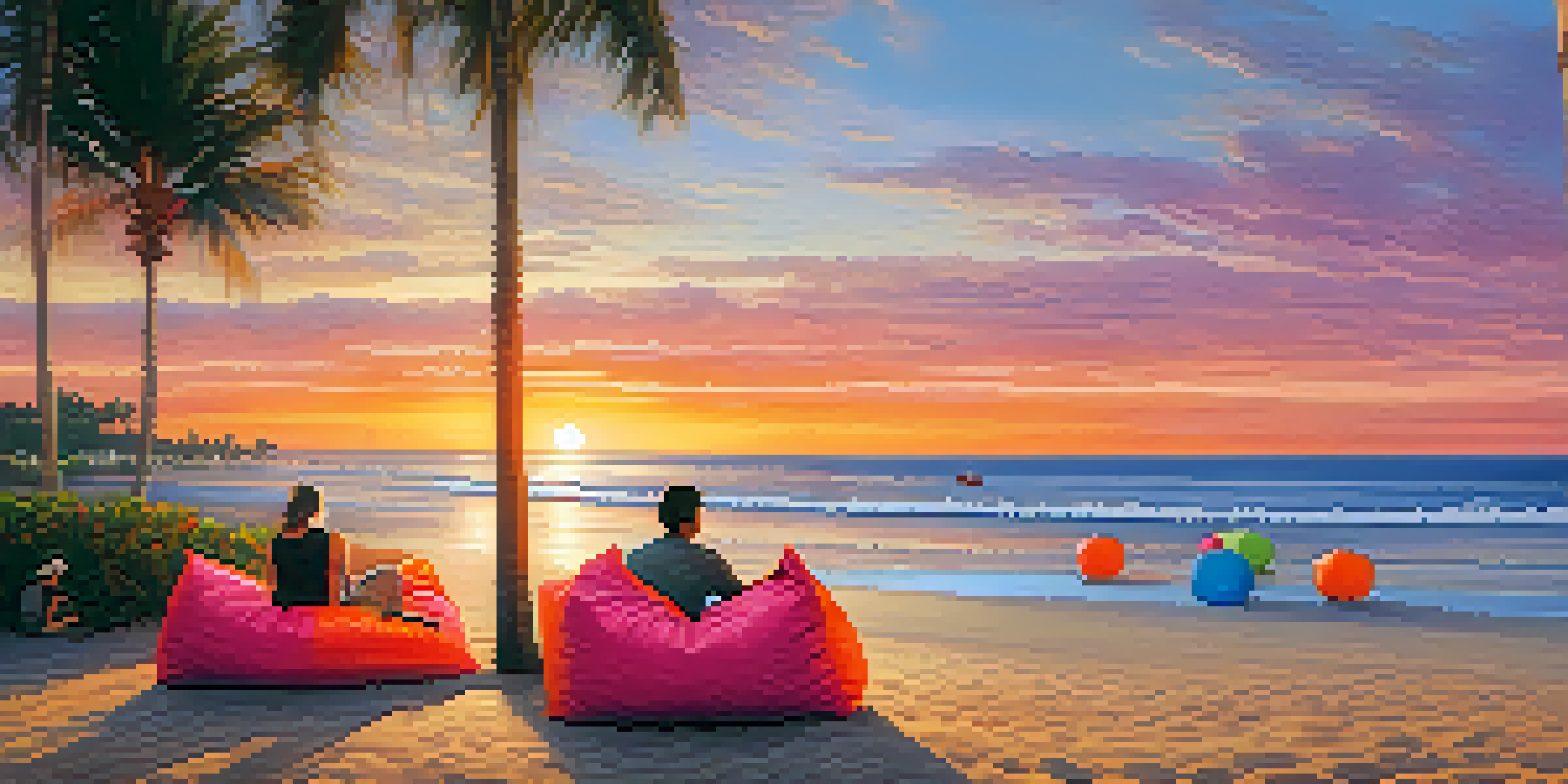 A beautiful sunset at Seminyak Beach with colorful beanbags and a couple dining by the beach.