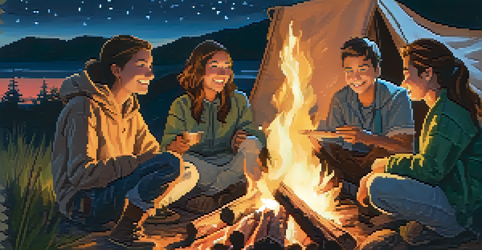 Friends cooking around a campfire at night under a starry sky.