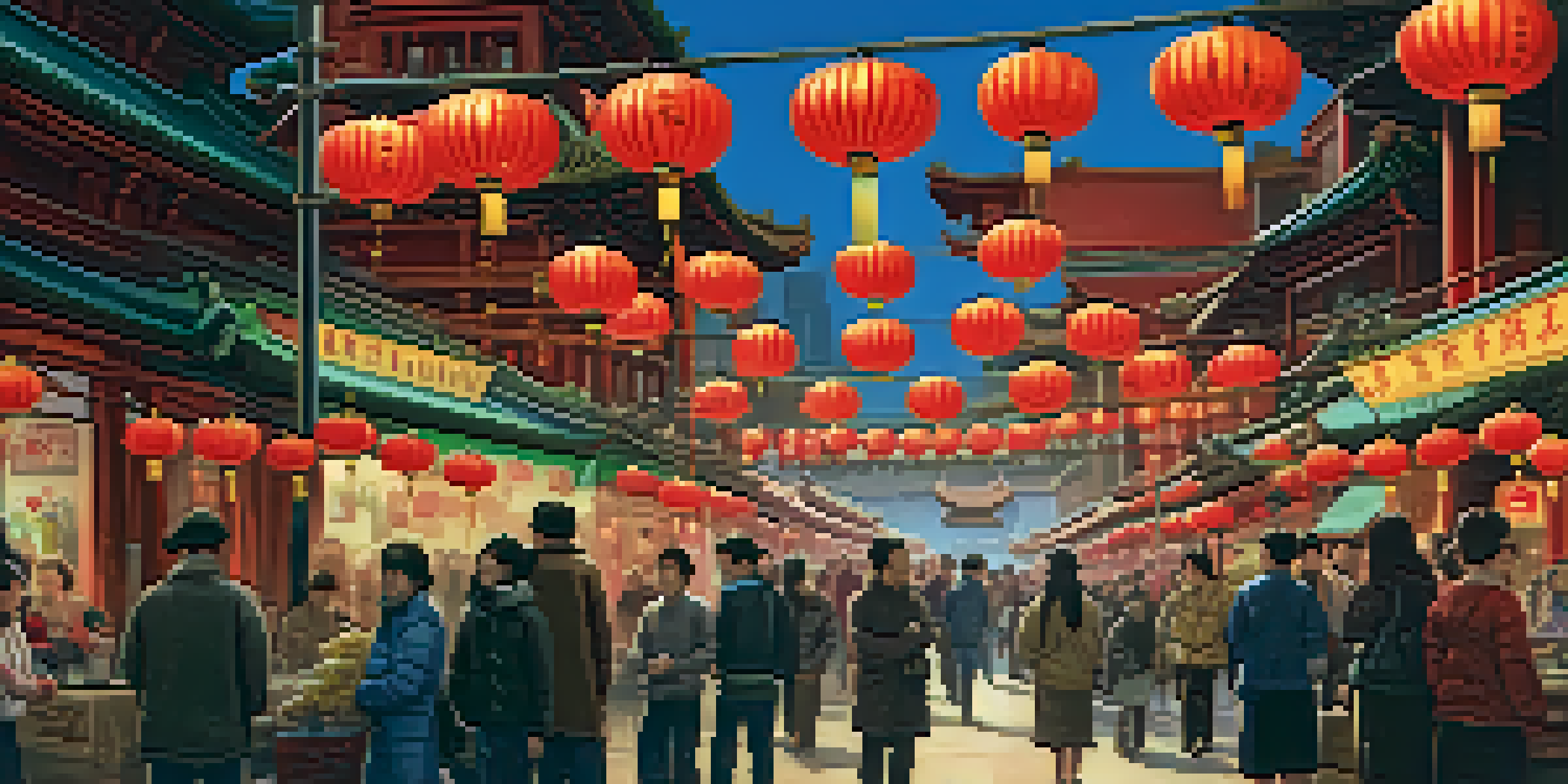 A busy street in Chinatown with the Dragon Gate and colorful lanterns, showcasing a vibrant cultural scene.