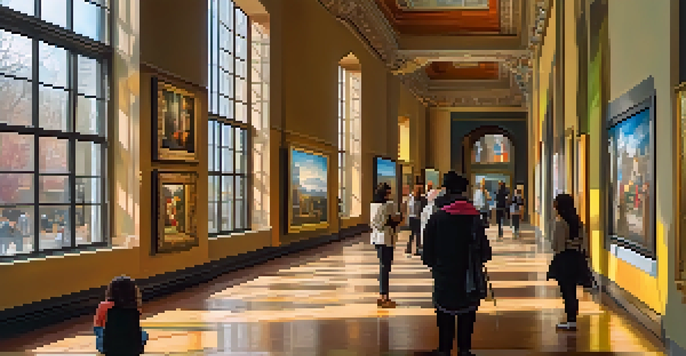 A busy museum scene with visitors looking at art pieces, bright sunlight coming through windows, and colorful paintings on the walls.