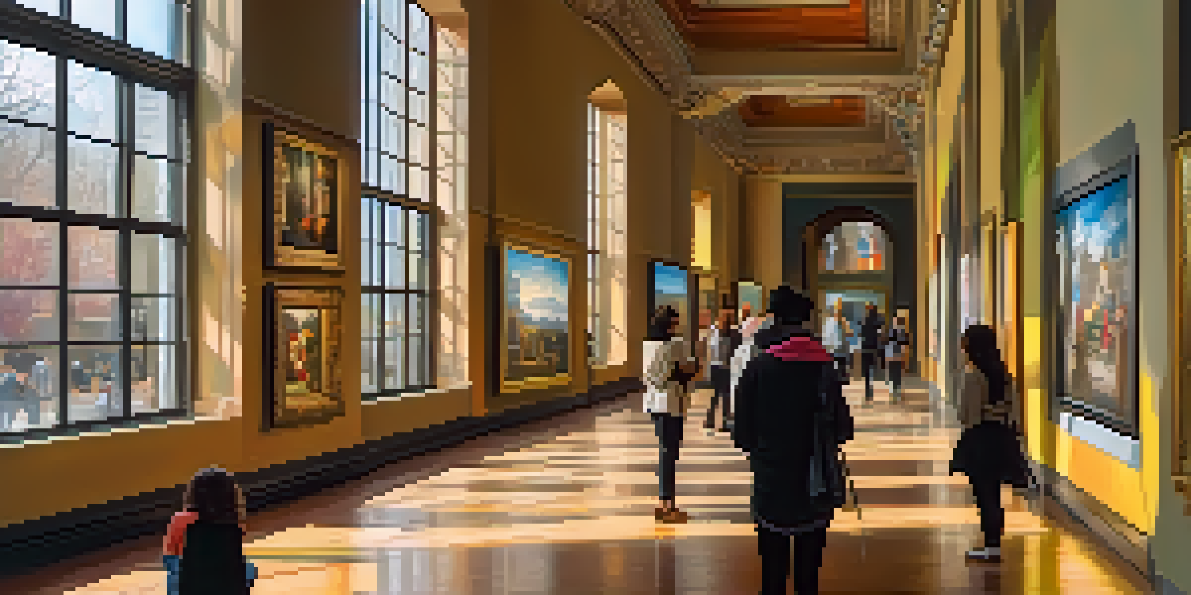 A busy museum scene with visitors looking at art pieces, bright sunlight coming through windows, and colorful paintings on the walls.
