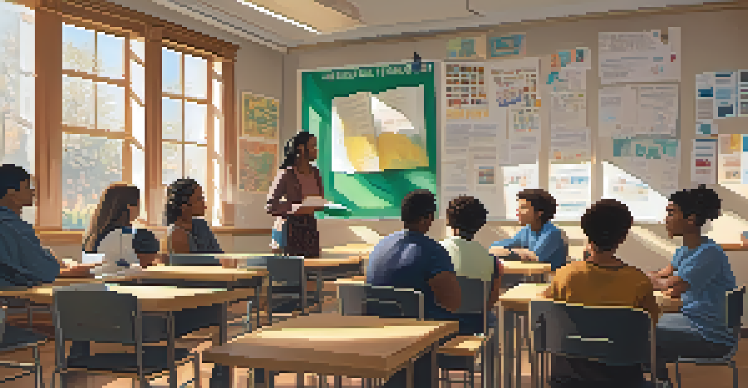 A classroom with diverse students engaged in a discussion about social justice, with educational materials and warm light enhancing the scene.