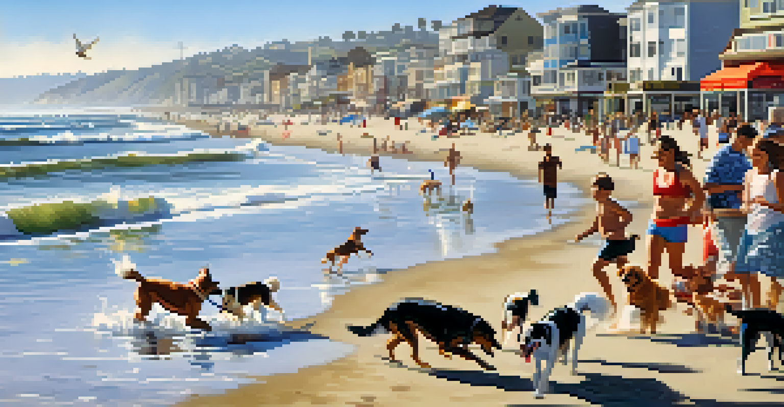 Dogs playing and running along Ocean Beach on a sunny summer day.