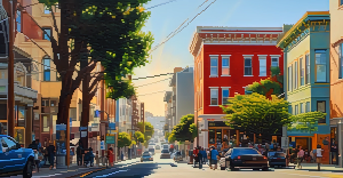 A colorful mural in the Mission District of San Francisco with people walking by, bathed in golden hour light.