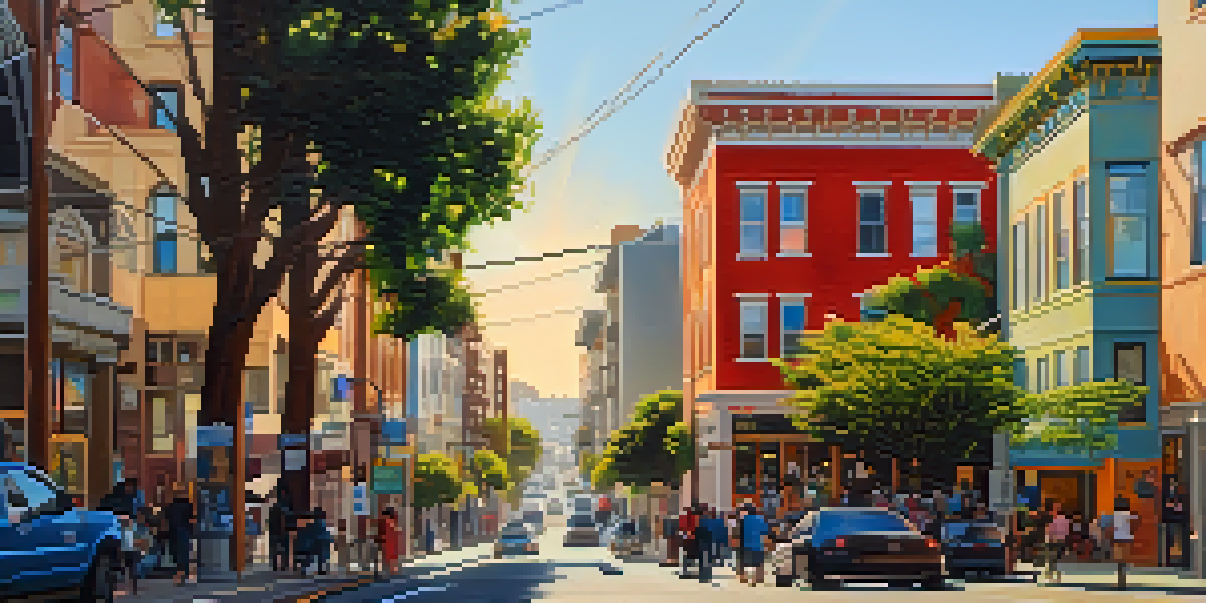 A colorful mural in the Mission District of San Francisco with people walking by, bathed in golden hour light.