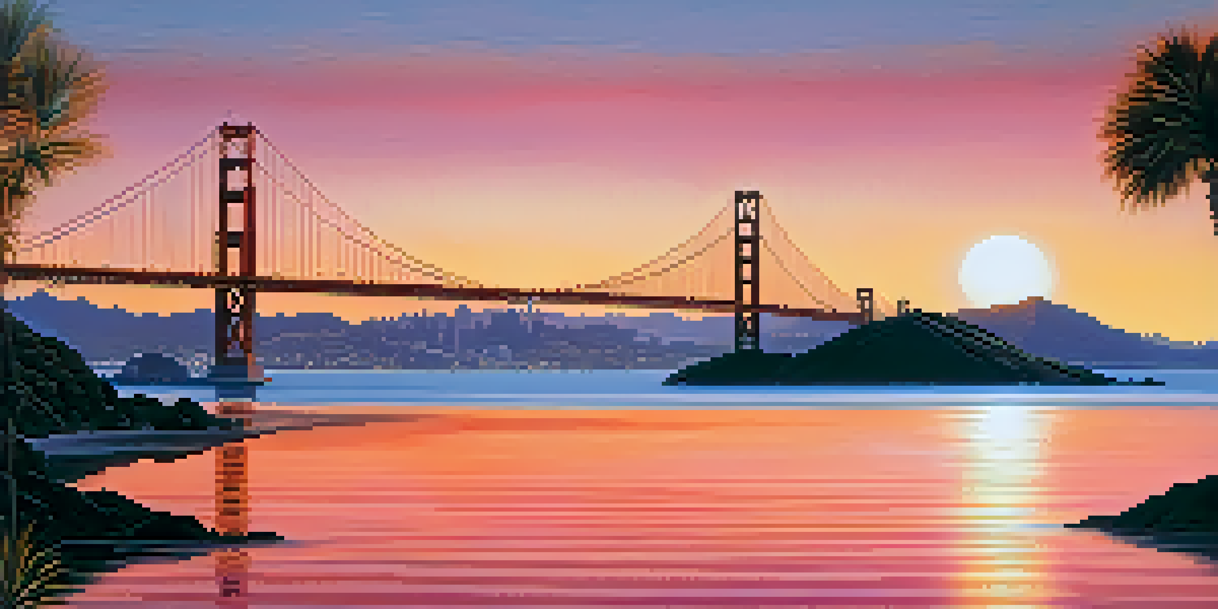 A picturesque sunset view of the San Francisco skyline with the Golden Gate Bridge and silhouetted palm trees.