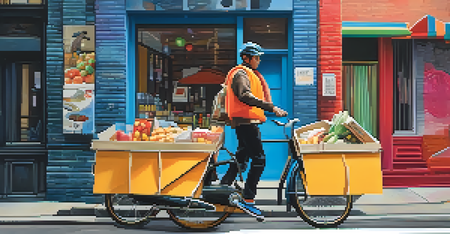 A delivery person with a food box next to a bicycle, surrounded by colorful street art in an urban environment.
