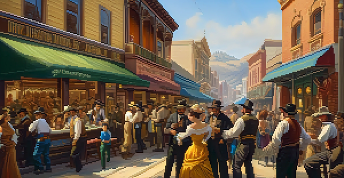A busy street scene on the Barbary Coast filled with colorful buildings, people interacting, and bright warm lighting, depicting the lively atmosphere of the California Gold Rush era.