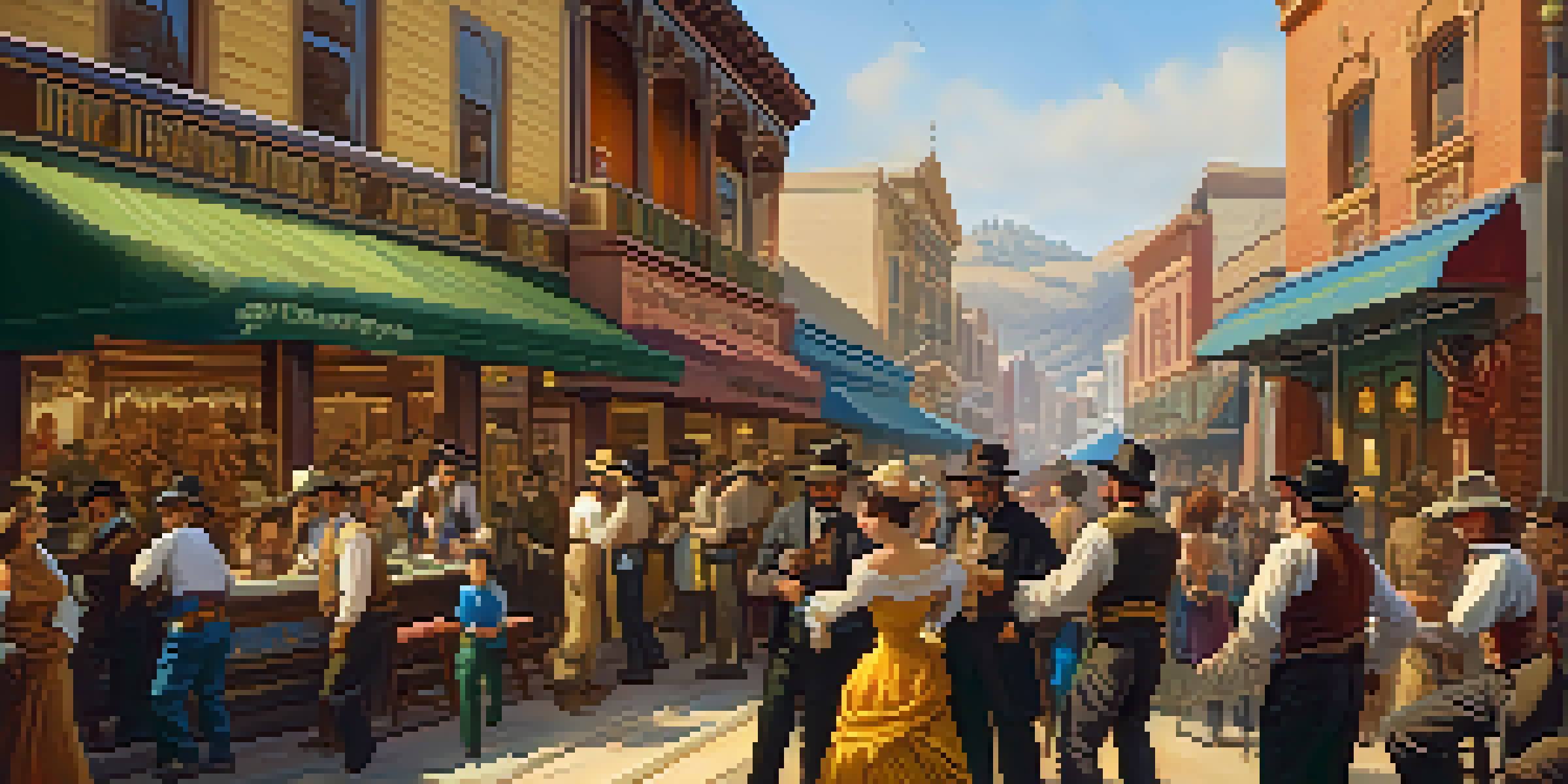 A busy street scene on the Barbary Coast filled with colorful buildings, people interacting, and bright warm lighting, depicting the lively atmosphere of the California Gold Rush era.