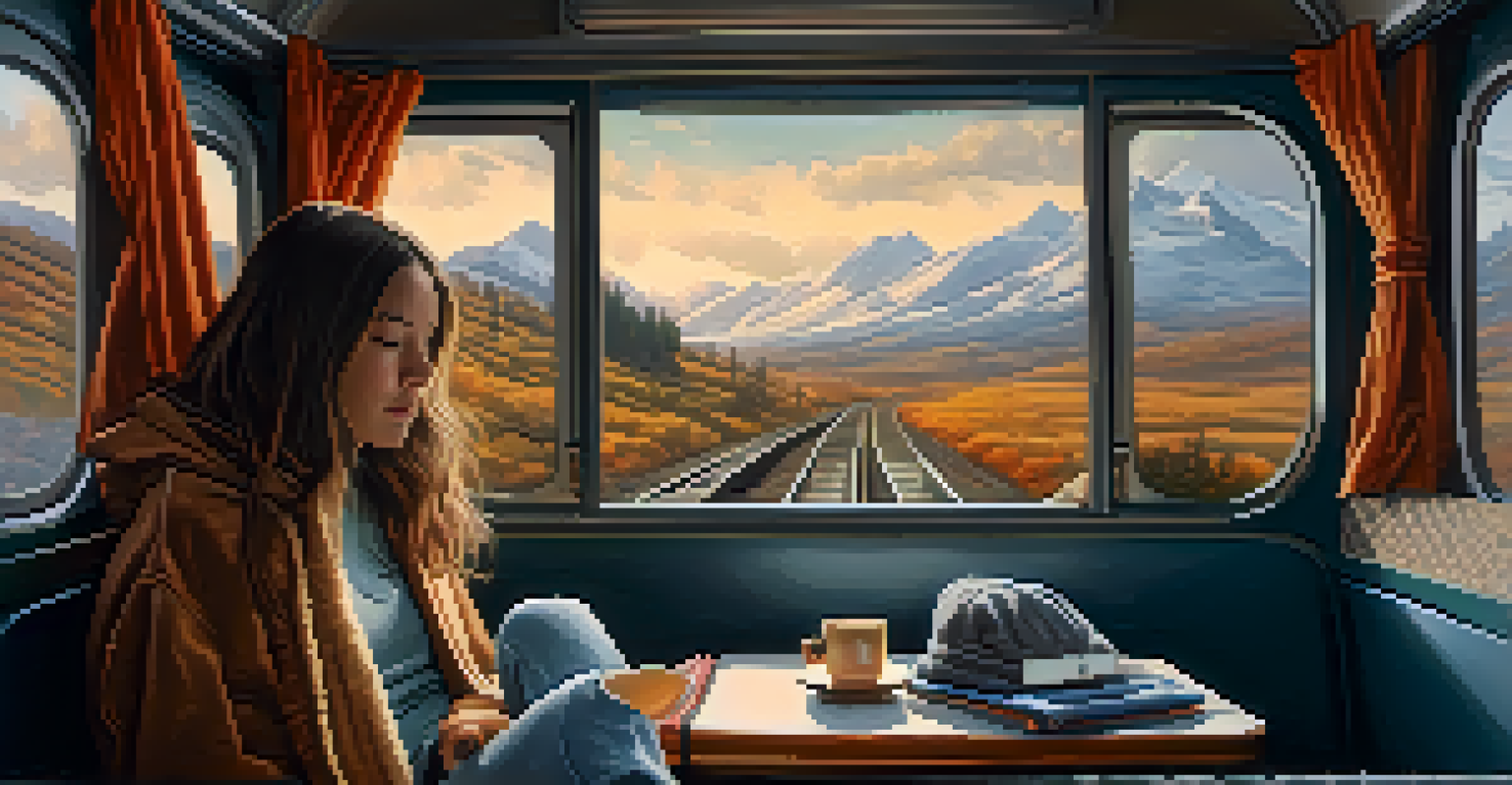 A person sits comfortably in a train with layered clothing and personal items, surrounded by natural light and scenic views outside.