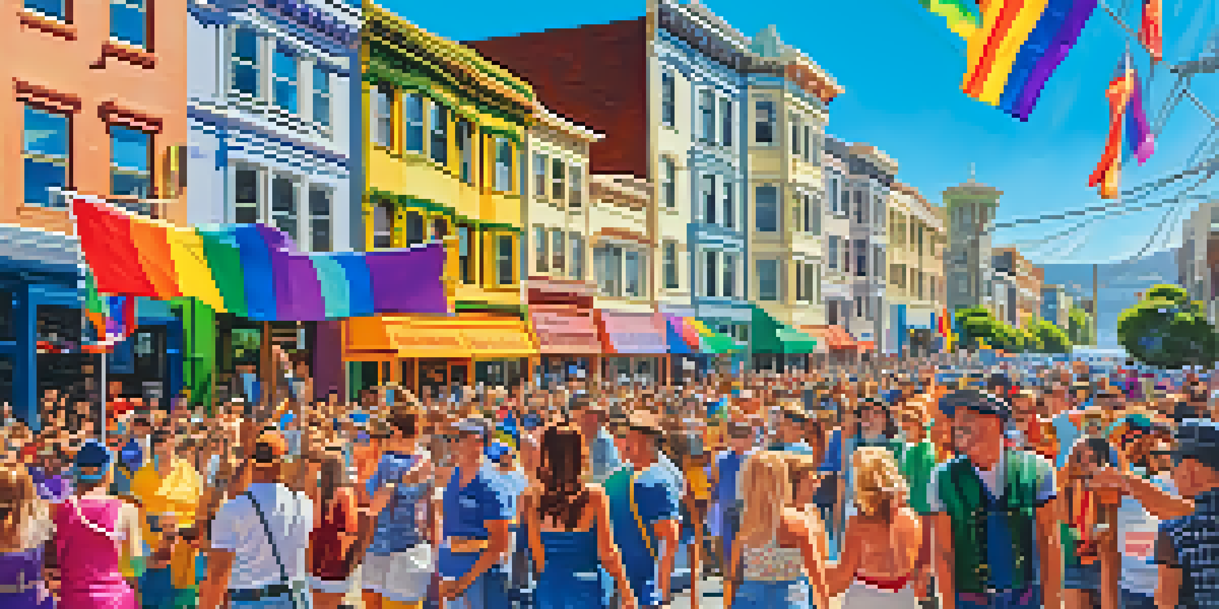 A lively parade in the Castro District with people in colorful costumes and rainbow flags, celebrating Pride Month under bright sunlight.