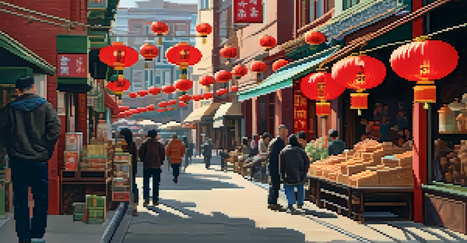 A lively street corner in San Francisco's Chinatown with red lanterns, murals, and people.