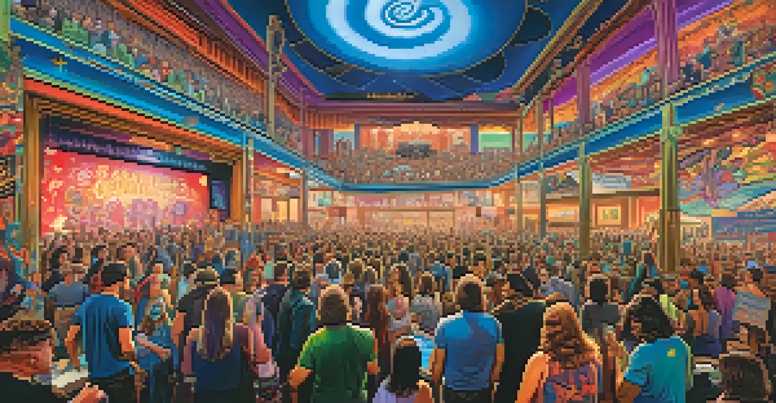 The interior of the Fillmore venue, featuring psychedelic light displays, band posters, and a lively crowd enjoying live music.