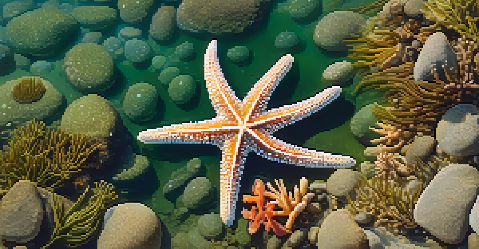 A close-up of a tidal pool with a starfish, crabs, and kelp, highlighting the vibrant marine life.