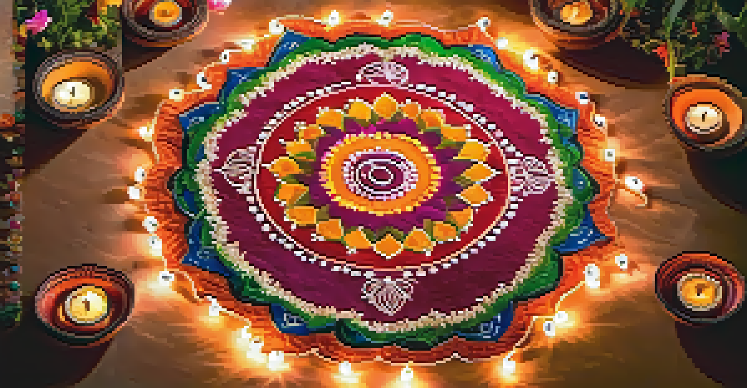 A beautiful rangoli design at the entrance of a home, decorated for Diwali with diyas and colorful lights.