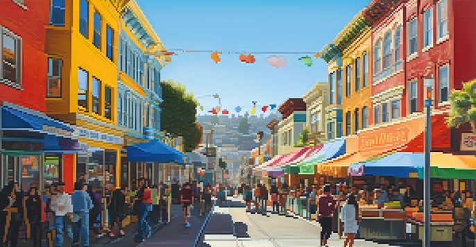 A lively street scene in San Francisco's Mission District with colorful murals and people enjoying street food.
