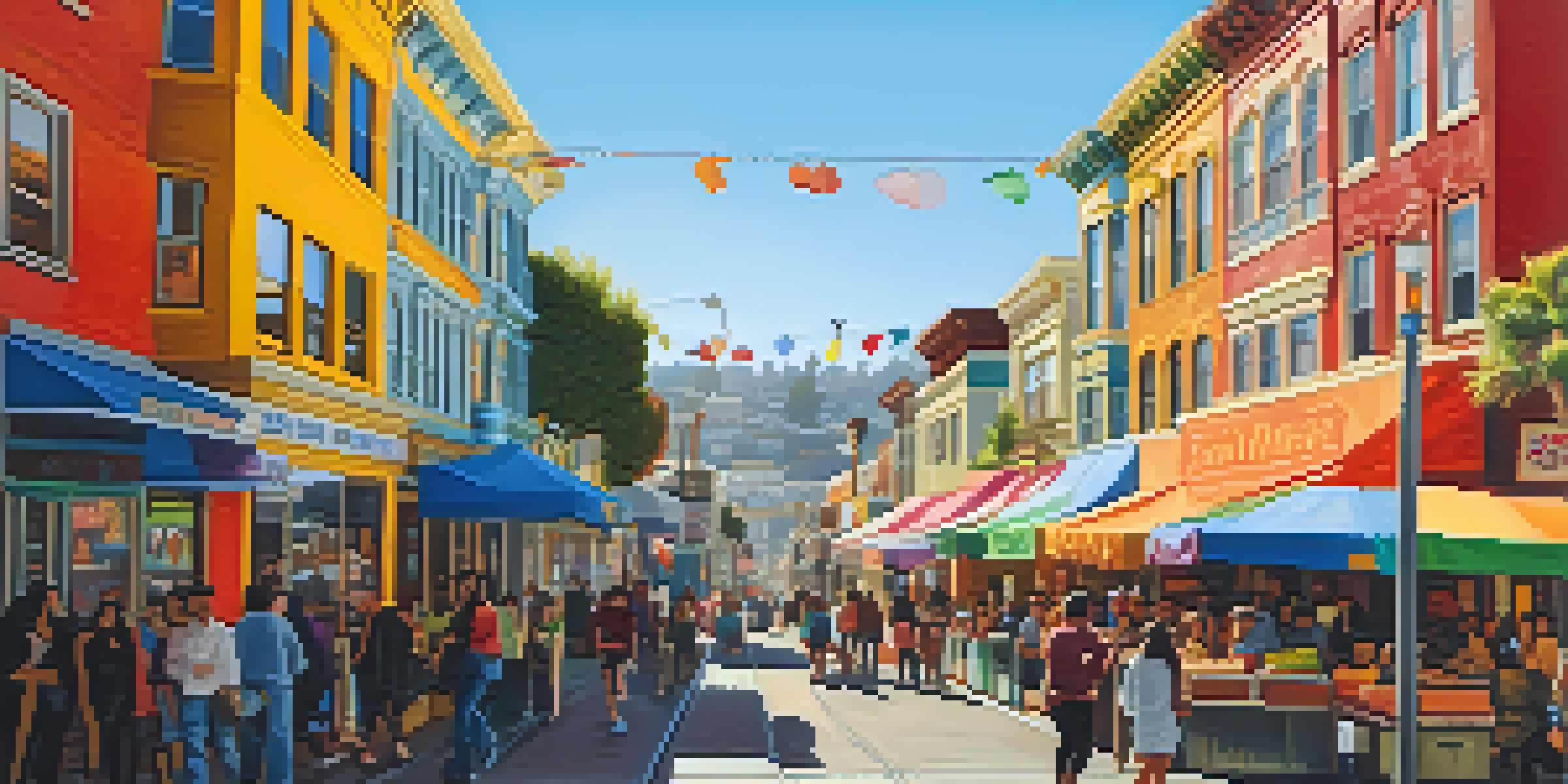 A lively street scene in San Francisco's Mission District with colorful murals and people enjoying street food.