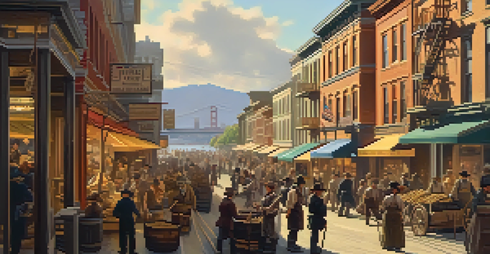 A historical scene depicting a diverse group of individuals panning for gold along a river in San Francisco, with wooden buildings and a marketplace under warm sunlight.