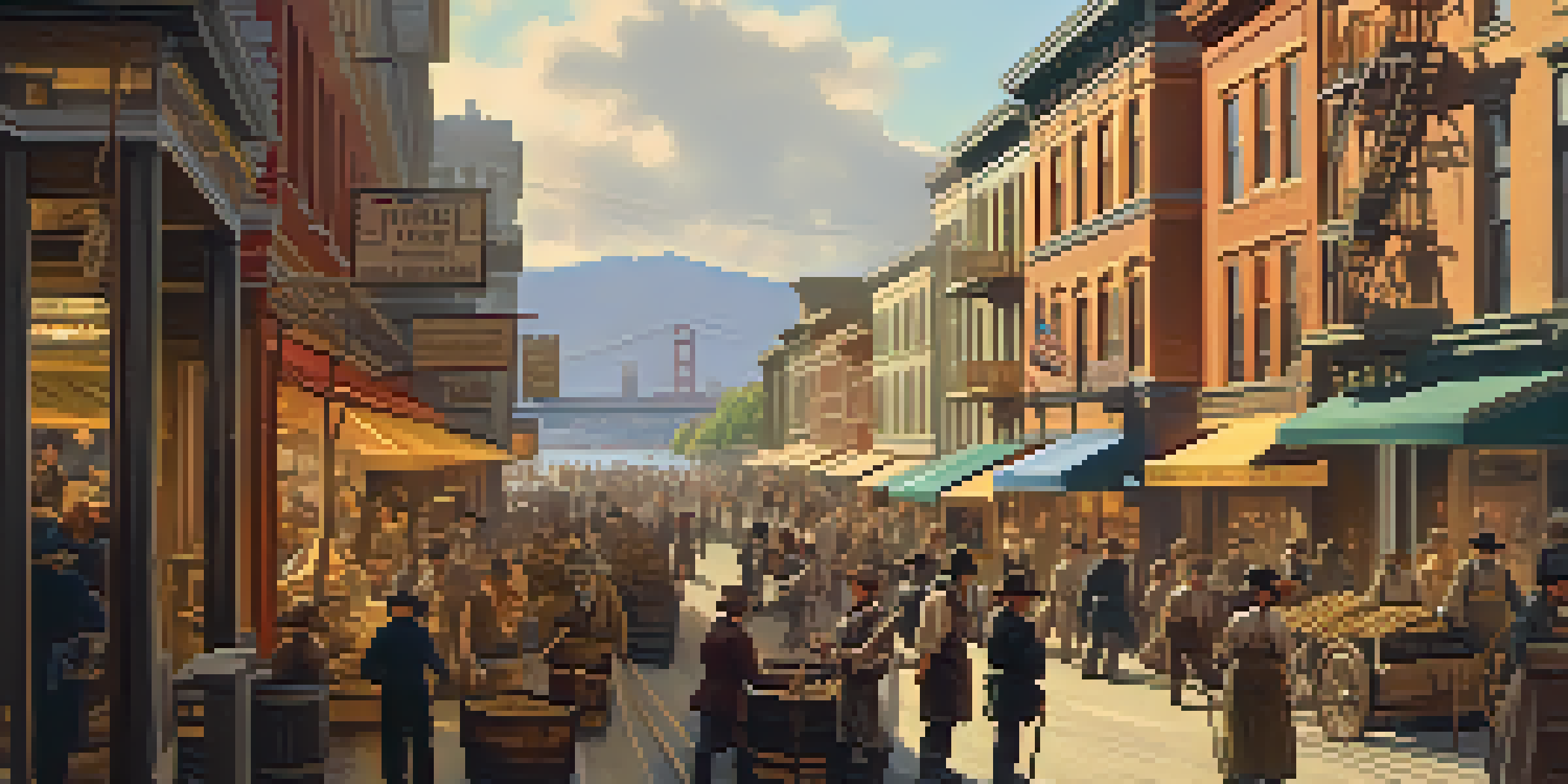 A historical scene depicting a diverse group of individuals panning for gold along a river in San Francisco, with wooden buildings and a marketplace under warm sunlight.