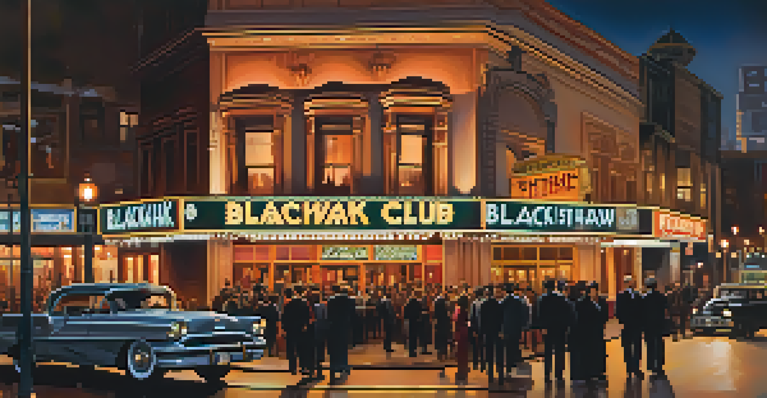 The exterior of the Blackhawk club with a crowd and marquee sign, representing the vibrant jazz scene in San Francisco.