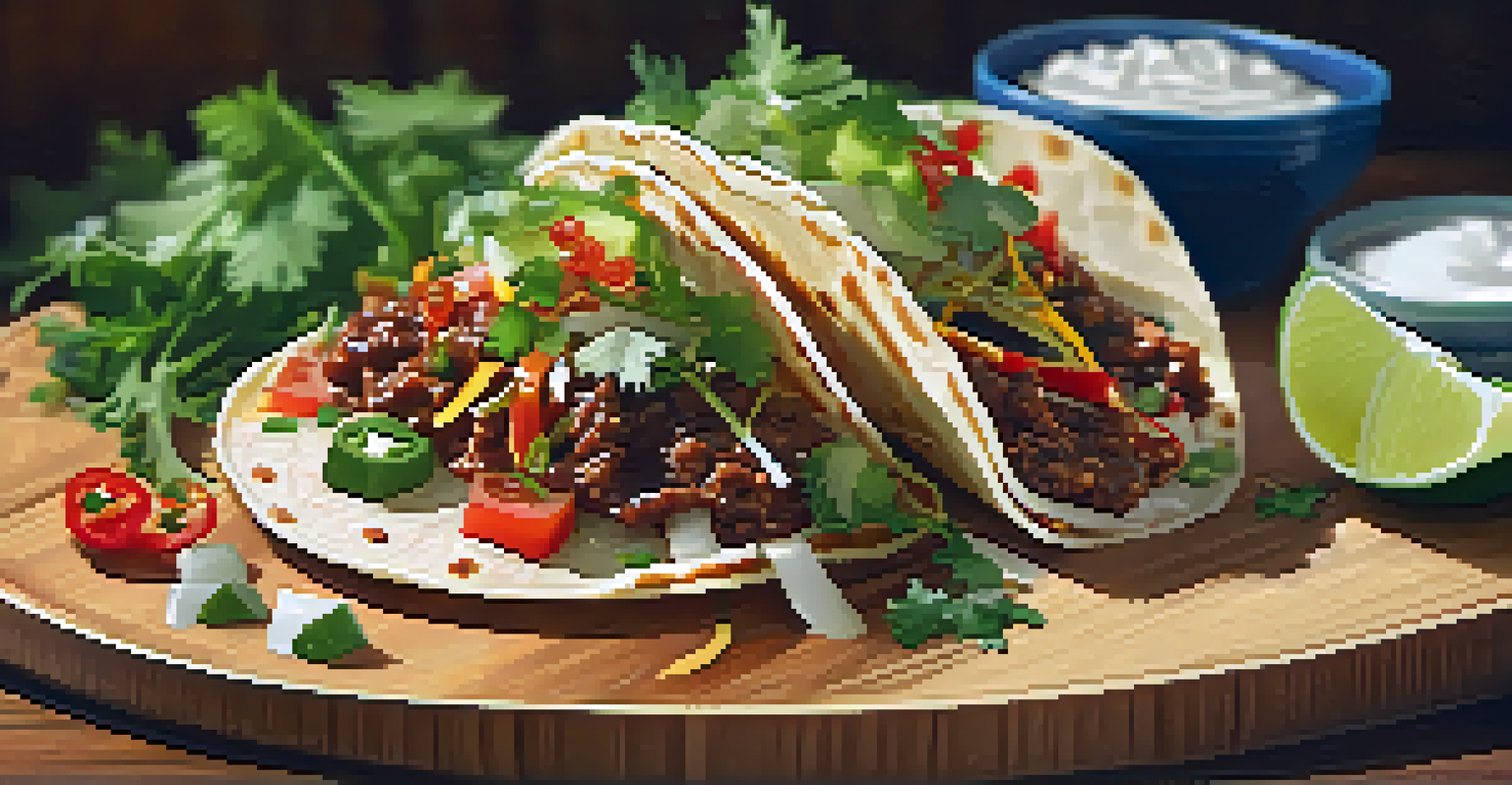 A close-up of a Korean taco filled with bulgogi and fresh vegetables, presented on a wooden board.