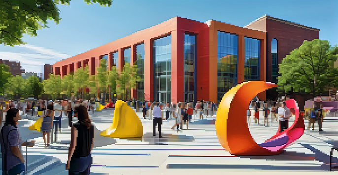 An outdoor view of the Contemporary Jewish Museum with colorful sculptures, green plants, and a modern building in the background, featuring people engaging with the art.