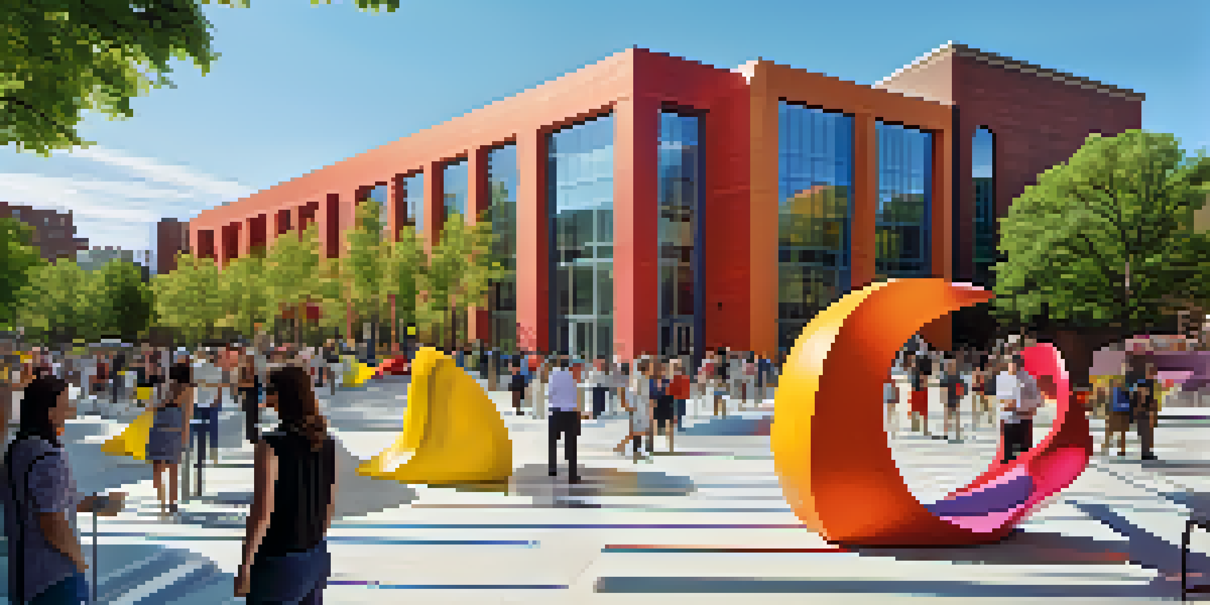 An outdoor view of the Contemporary Jewish Museum with colorful sculptures, green plants, and a modern building in the background, featuring people engaging with the art.