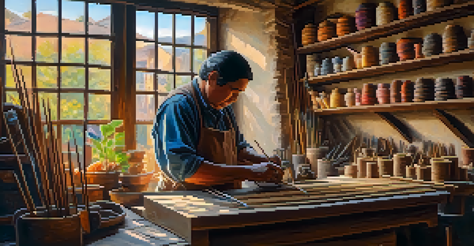 An artisan crafting handmade items in a cozy workshop, highlighting their skilled hands and vibrant materials in soft natural light.