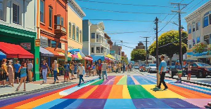 A lively street in the Castro District with rainbow crosswalks and diverse people enjoying a sunny day.