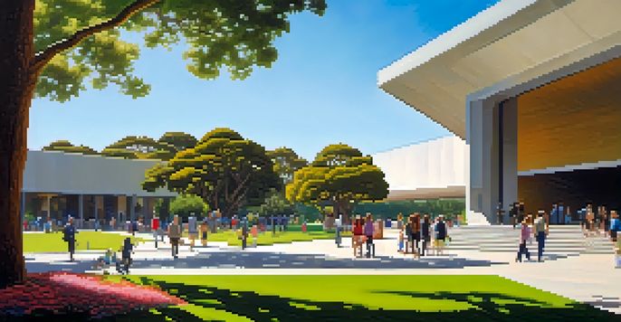 An outdoor view of the de Young Museum with visitors exploring the gardens and artwork, under a clear blue sky.