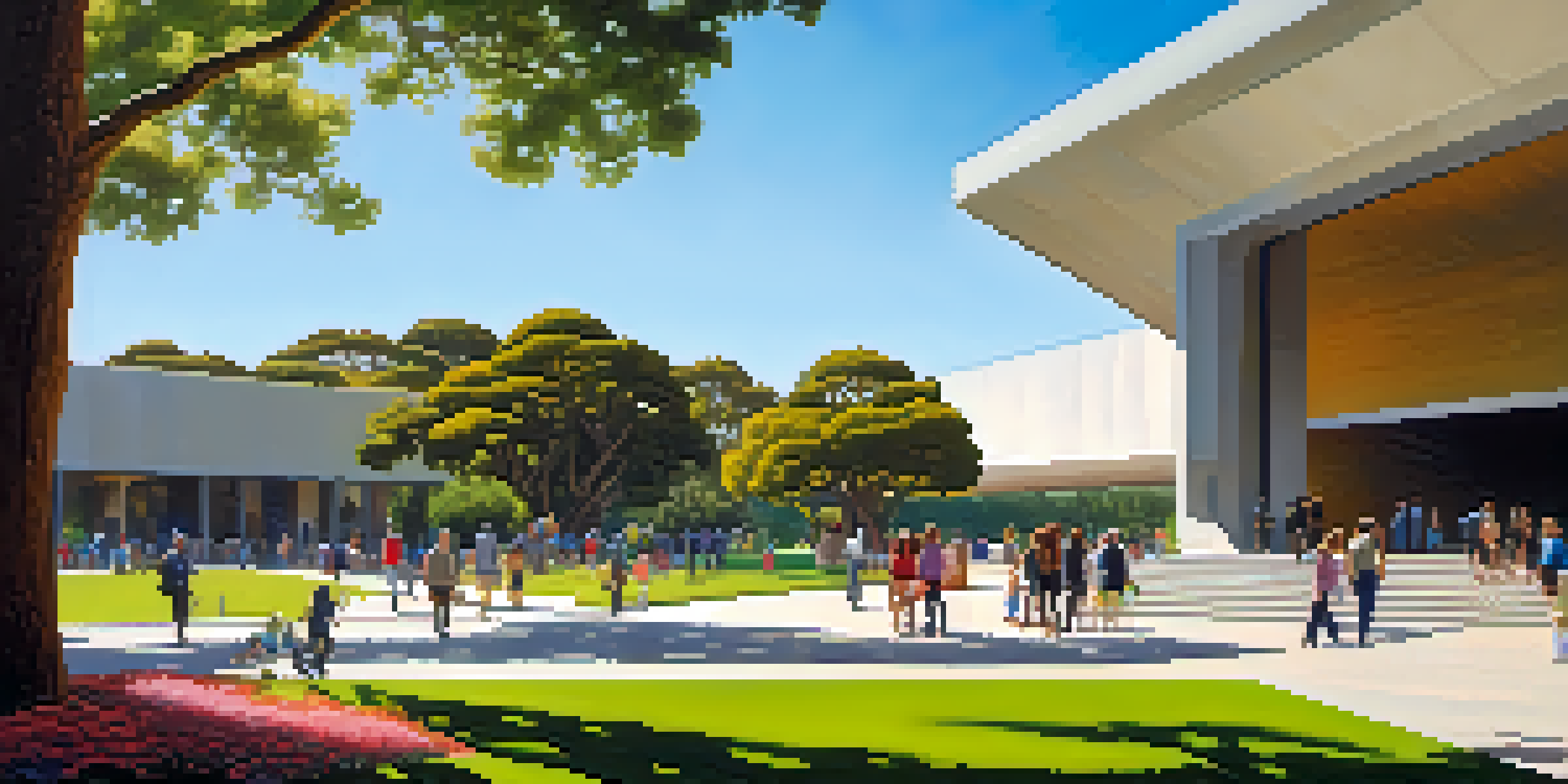 An outdoor view of the de Young Museum with visitors exploring the gardens and artwork, under a clear blue sky.
