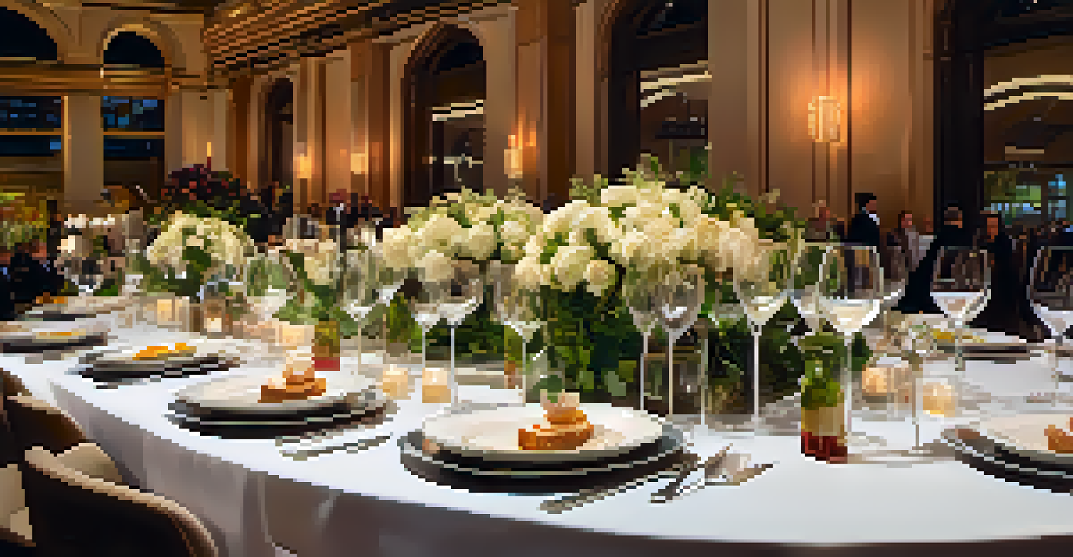 An elegant dining experience showcasing gourmet food and wine with beautifully arranged dishes and a warm, intimate atmosphere.