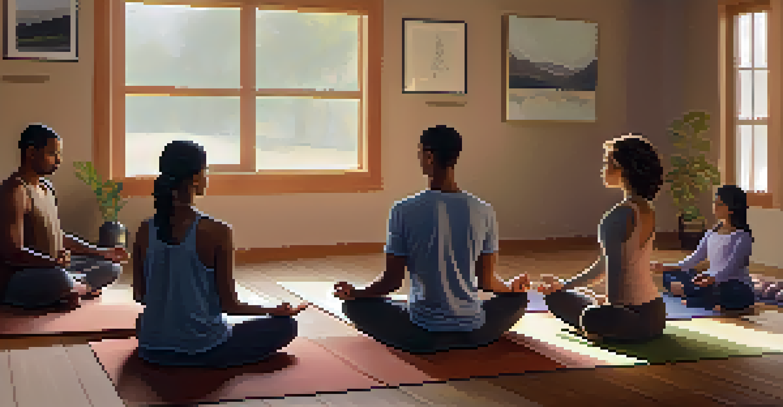 A yoga instructor leading a mindfulness meditation session with participants seated comfortably on mats in a cozy studio with soft lighting.