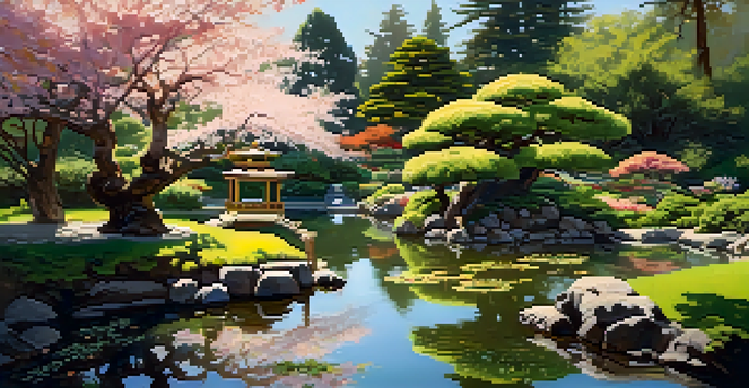 A peaceful Japanese Tea Garden with a koi pond, colorful fish, and a traditional tea house surrounded by cherry blossoms and lush greenery.