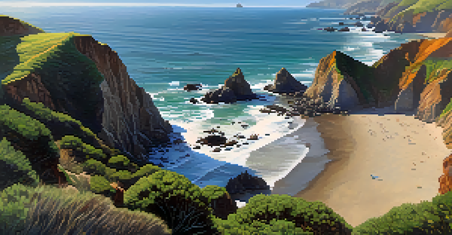Aerial view of Rodeo Beach with sandy stretches, pebbly shores, rugged cliffs, seals basking on rocks, and birds flying overhead.