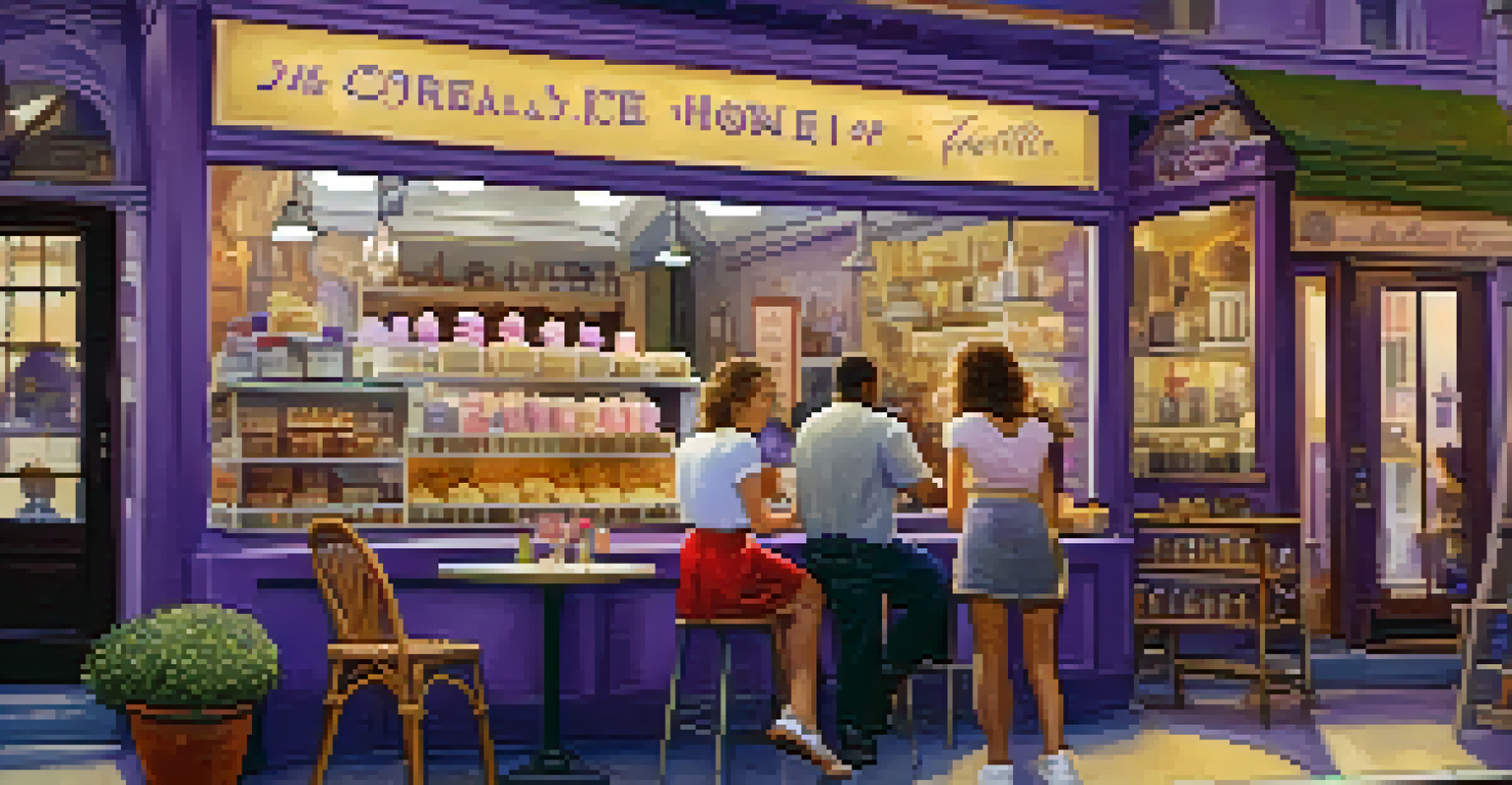 An artisanal ice cream shop with unique flavors on display and patrons enjoying their ice cream.
