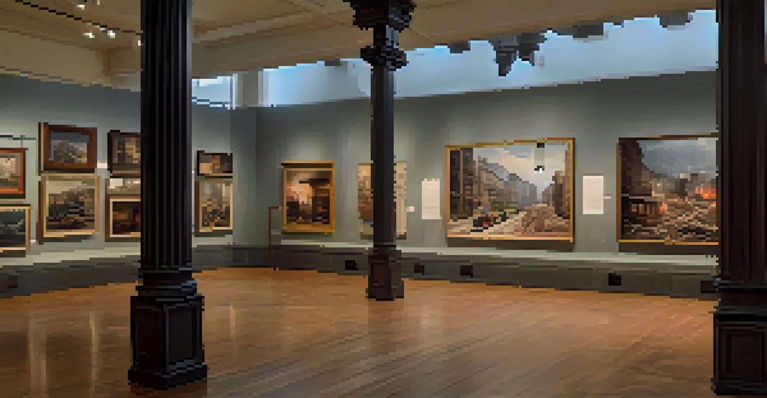 An artistic representation of a gallery showcasing artworks inspired by the 1906 San Francisco earthquake, with visitors engaging with the pieces.