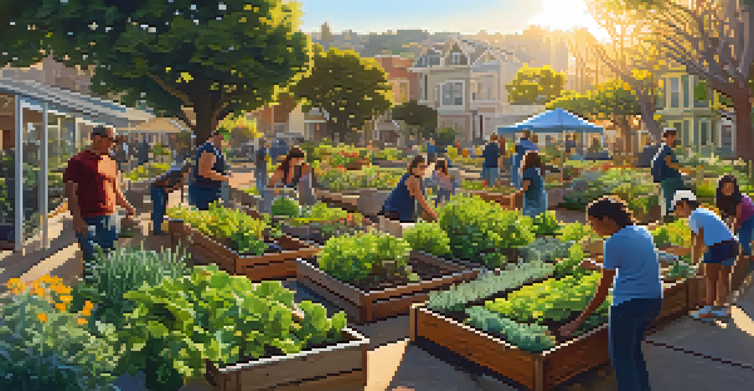 A lively community garden in San Francisco with people tending to raised beds of plants, illuminated by warm golden hour light.