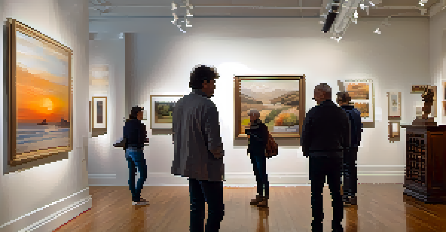 An indoor art gallery in San Francisco showcasing local artworks with visitors engaged in conversation, illuminated by soft lighting.