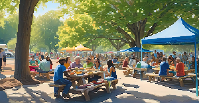 A community potluck in a park with diverse individuals enjoying food and conversation under sunny skies.