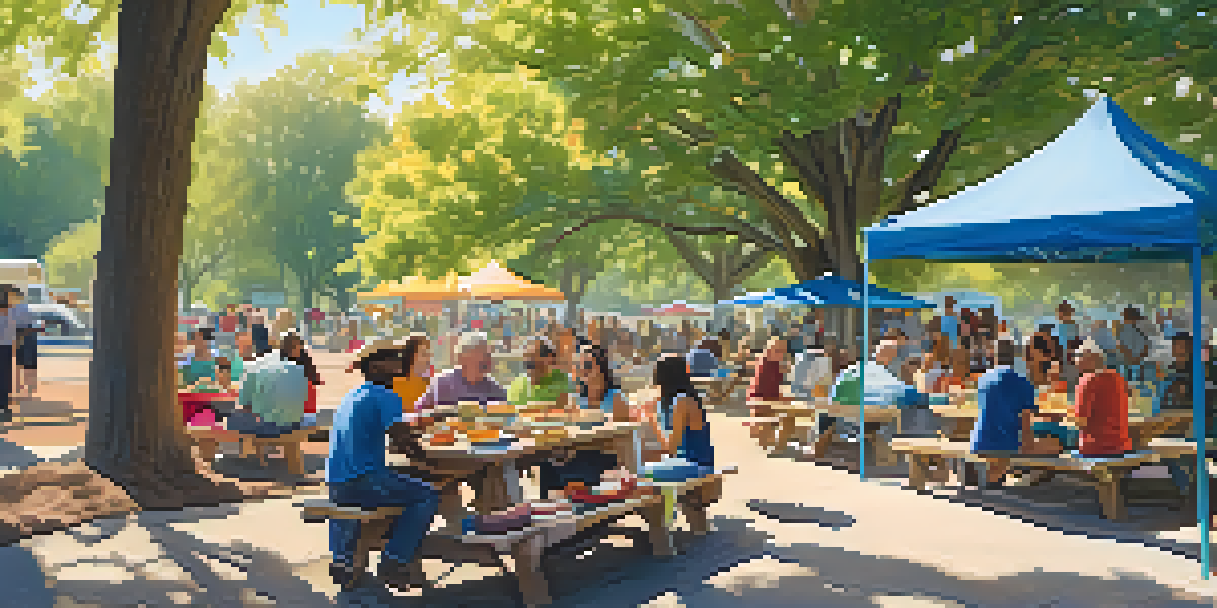 A community potluck in a park with diverse individuals enjoying food and conversation under sunny skies.